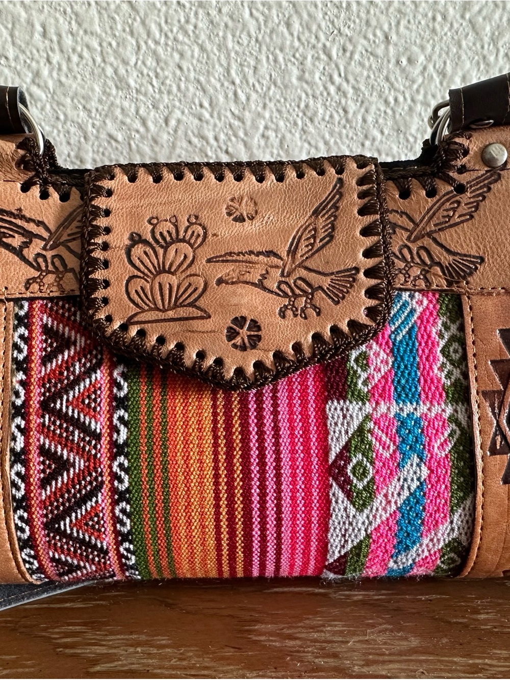 Hand Tooled Leather Crossbody Bag Woven Textile Mexican Southwestern Boho Purse